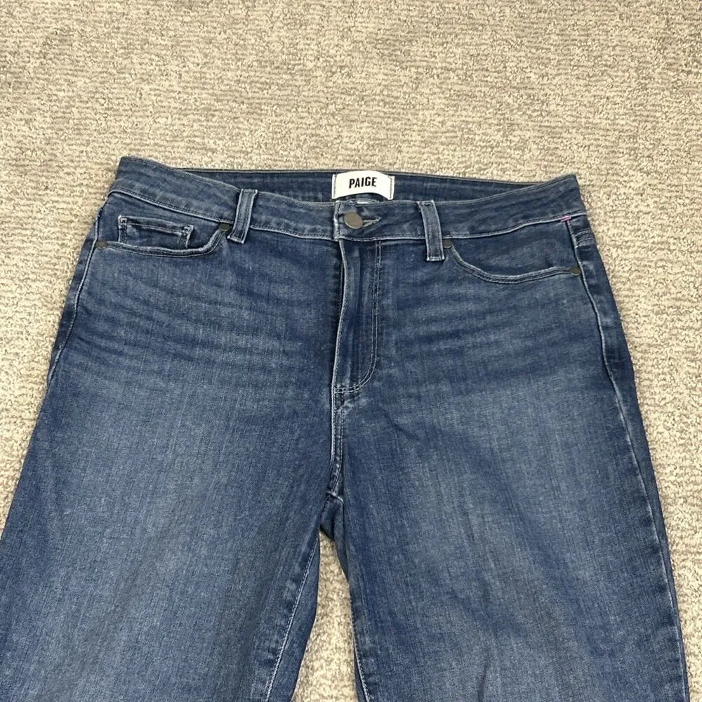 Paige Rory Crop Flare Jeans Womens 30 Blue Wash High Rise Raw Hem Stretch Denim